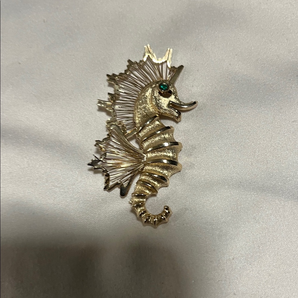 Gold Seahorse Brooch with Green Gem